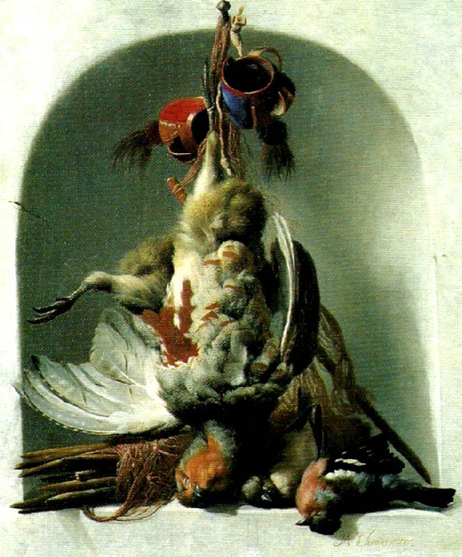 HONDECOETER, Melchior d stilleben med faglar och jaktredskap Germany oil painting art